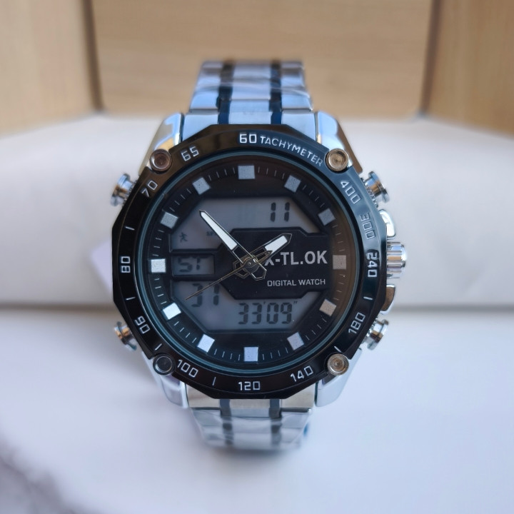 خرید ساعت مردانه نقره ای استیل دو زمانه شیک ارزان رنگ ثابت