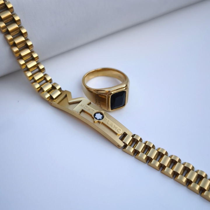 خرید ست دستبند انگشتر مردانه مونتبلاک طلایی رنگ ثابت شیک قیمت مناسب