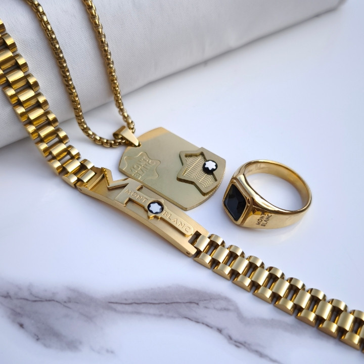 خرید ست دستبند گردنبند انگشتر مردانه طلایی استیل رنگ ثابت مونتبلانک شیک ارزان مناسب کادو