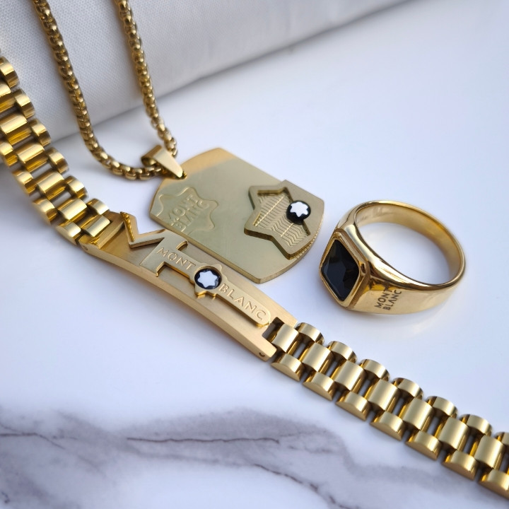 خرید ست انگشتر دستبند گردنبند طلایی مردانه شیک ارزان برای کادو