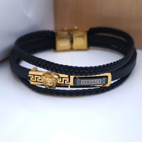 خرید دستبند مردانه چرمی سه ردیفه مشکی ورساچه شیک ارزان مناسب کادو