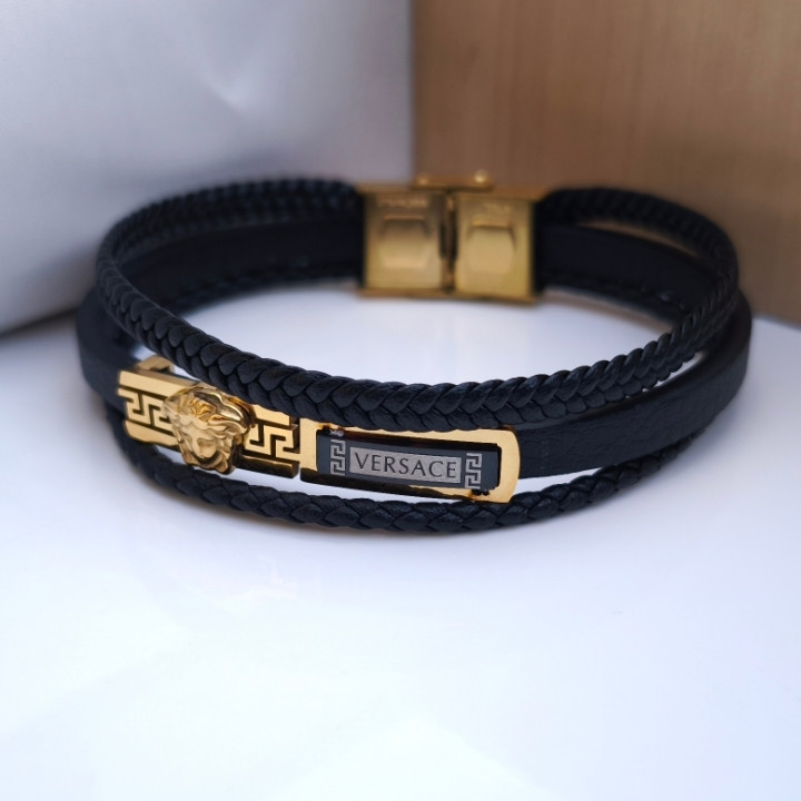 خرید دستبند چرمی مردانه سه دور مشکی ورساچه شیک قیمت مناسب