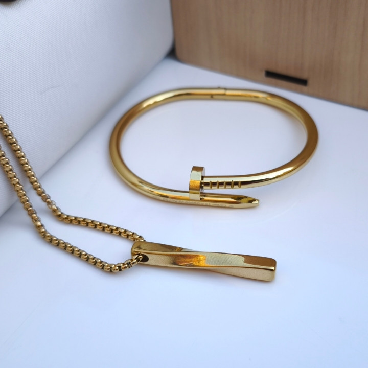 خرید ست دستبند گردنبند پسرانه طلایی استیل رنگ ثابت شیک ارزان مناسب کادو