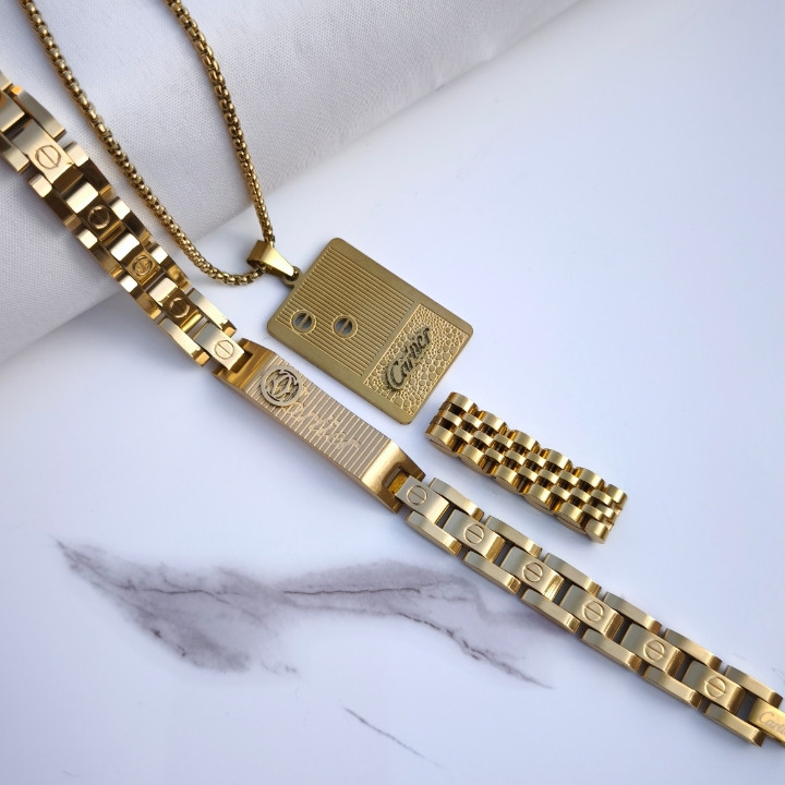 خرید ست دستبند گردنبند انگشتر مردانه طلایی کارتیر استیل رنگ ثابت شیک ارزان مناسب هدیه