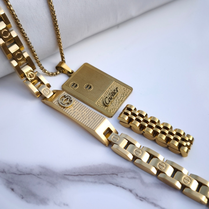 خرید ست دستبند انگشتر گردنبند مردانه طلایی کارتیه استیل رنگ ثابت شیک ارزان