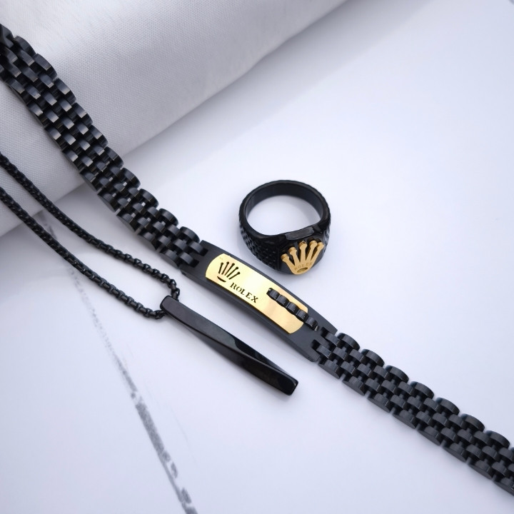 خرید ست دستبند گردنبند انگشتر مردانه رولکس مشکی طلایی استیل رنگ ثابت شیک قیمت مناسب