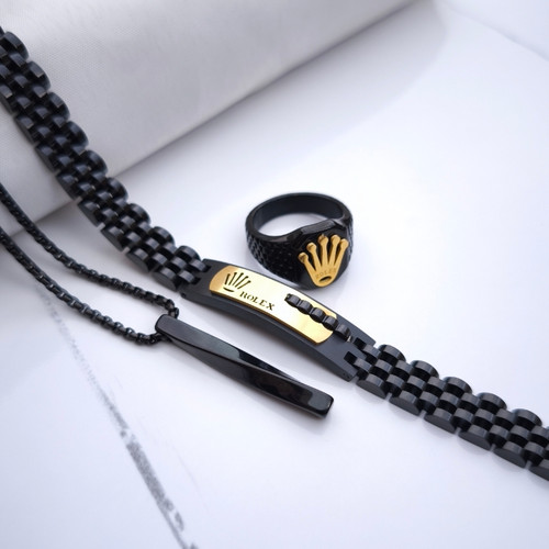 خرید ست دستبند انگشتر گردنبند مردانه مشکی استیل رنگ ثابت شیک ارزان مناسب کادو