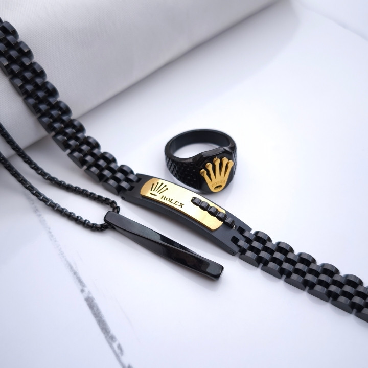 خرید ست دستبند انگشتر گردنبند مردانه مشکی استیل رنگ ثابت شیک ارزان مناسب کادو