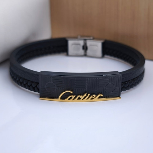 خرید دستبند چرمی مردانه مشکی دو دور کارتیر شیک ارزان مناسب کادو