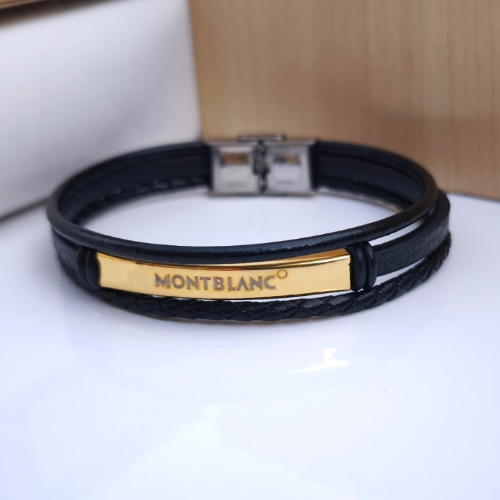 خرید دستبند چرمی مردانه سه ردیفه مونتبلانک مشکی شیک قیمت مناسب