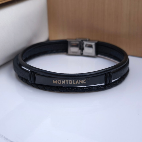 دستبند چرمی مردانه مشکی سه دور مونتبلانک شیک ارزان مناسب کادو