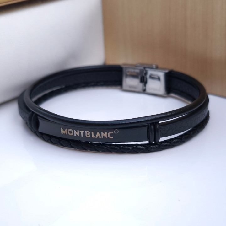 خرید دستبند چرمی مردانه مشکی سه ردیفه شیک قیمت مناسب