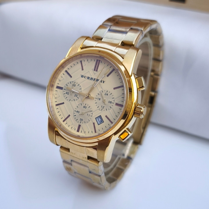 خرید ساعت سه موتور مردانه طلایی استیل burberry شیک ارزان