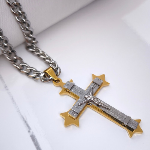 خرید گردنبند صلیب بزرگ دو رنگ استیل رنگ ثابت شیک ارزان مناسب کادو