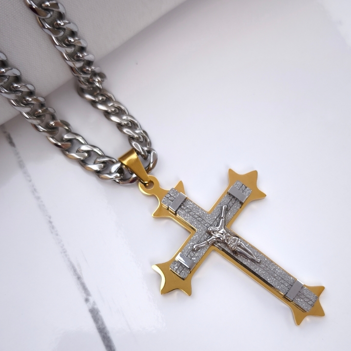 خرید پلاک صلیب طلایی بزرگ استیل رنگ ثابت شیک ارزان مناسب هدیه