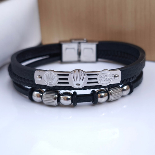 خرید دستبند چرمی رولکس مردانه سه دور مشکی شیک ارزان مناسب کادو