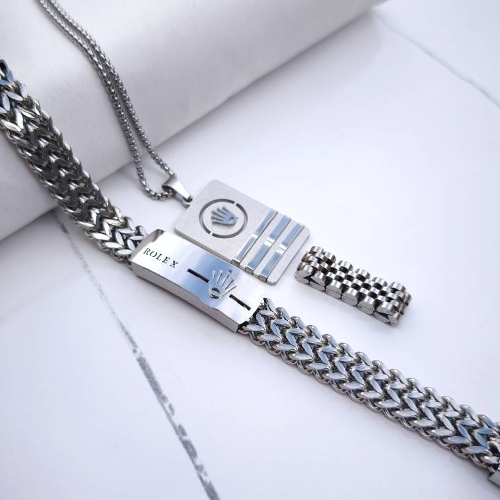 خرید ست گردنبند دستبند انگشتر رولکس مردانه رنگ ثابت شیک ارزان مناسب کادو
