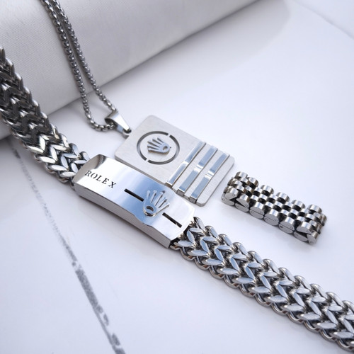 خربد ست دستبند گردنبند انگشتر رولکس مردانه استیل رنگ ثابت شیک ارزان مناسب کادو