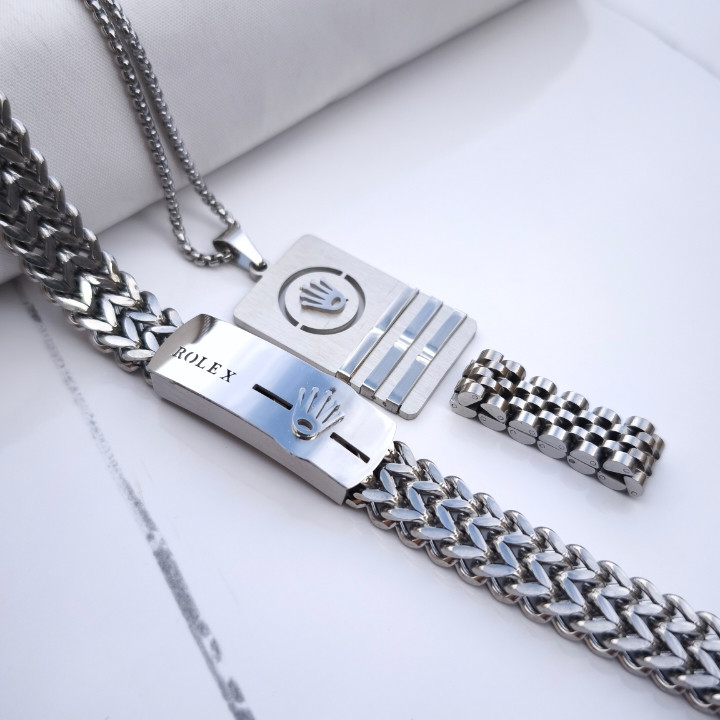 خربد ست دستبند گردنبند انگشتر رولکس مردانه استیل رنگ ثابت شیک ارزان مناسب کادو