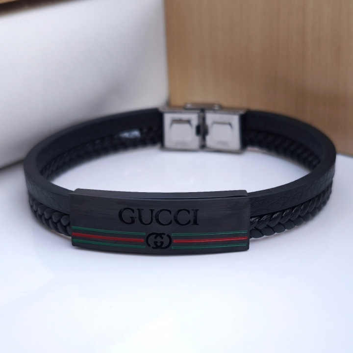 خرید دستبند چرمی گوچی مردانه دو دور شیک ارزان مناسب کادو
