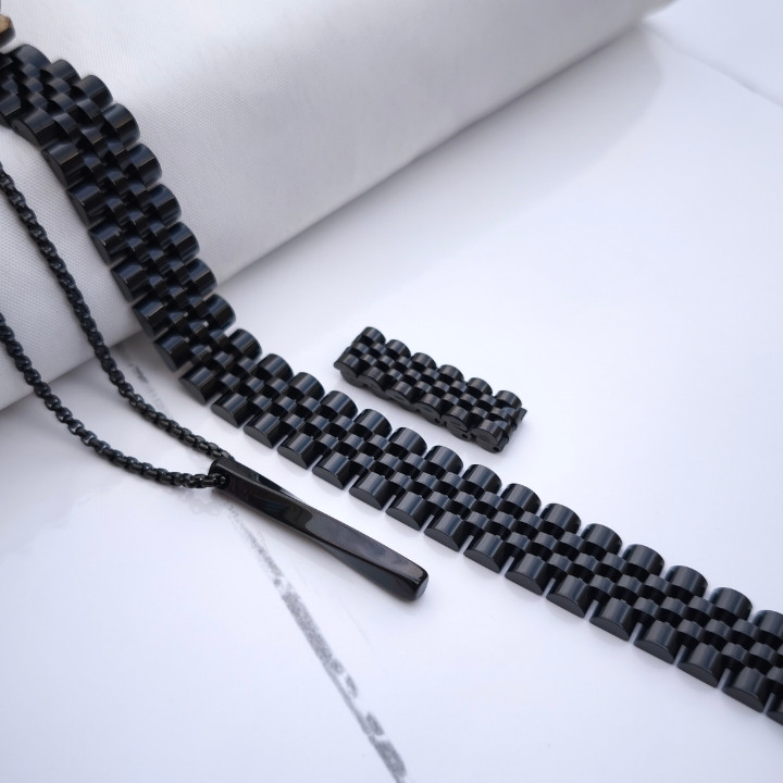 خرید ست دستبند انگشتر گردنبند مشکی مردانه رولکس استیل رنگ ثابت شیک ارزان مناسب کادو