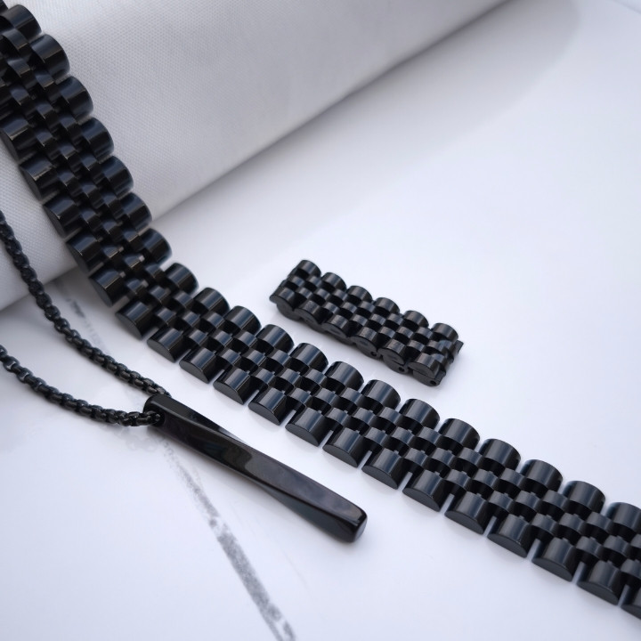 خرید ست گردنبند دستبند انگشتر مشکی مردانه رولکس استیل رنگ ثابت شیک ارزان مناسب کادو