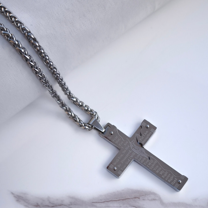 خرید گردنبند صلیب بزرگ نقره ای با زنجیر طنابی شیک ارزان مناسب کادو