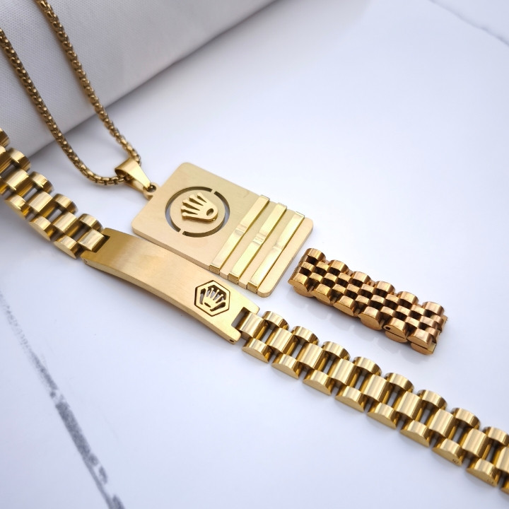 خرید ست دستبند گردنبند انگشتر مردانه طلایی استیل رنگ ثابت شیک ارزان مناسب کادو