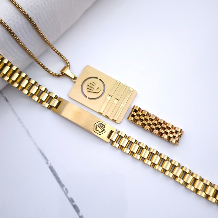 خرید ست انگشتر دستبند گردنبند طلایی مردانه استیل رنگ ثابت شیک قیمت مناسب