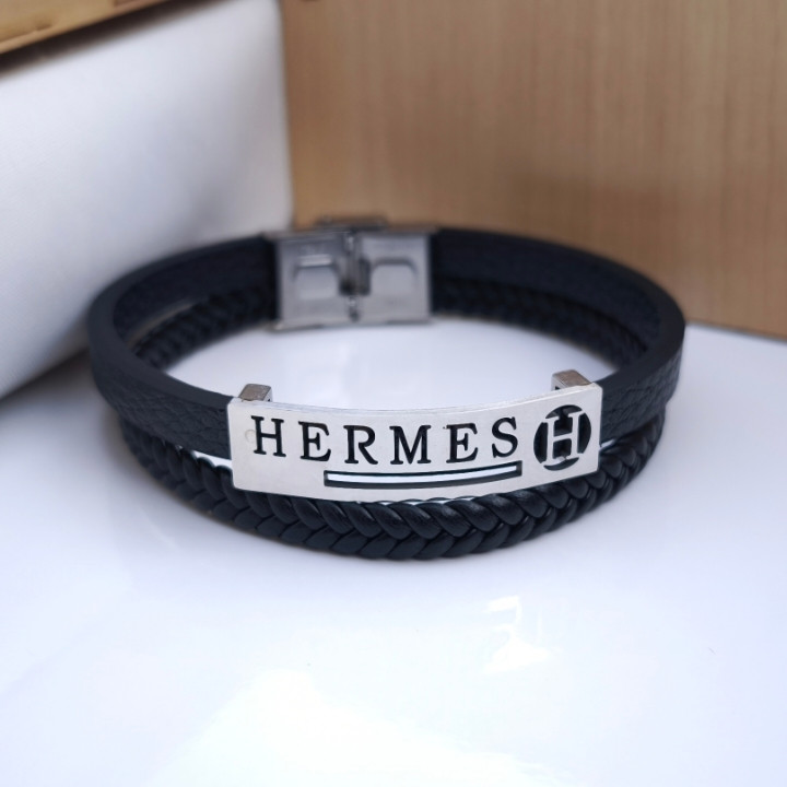 خرید دستبند چرمی مردانه هرمس دو دور مشکی شیک ارزان مناسب کادو