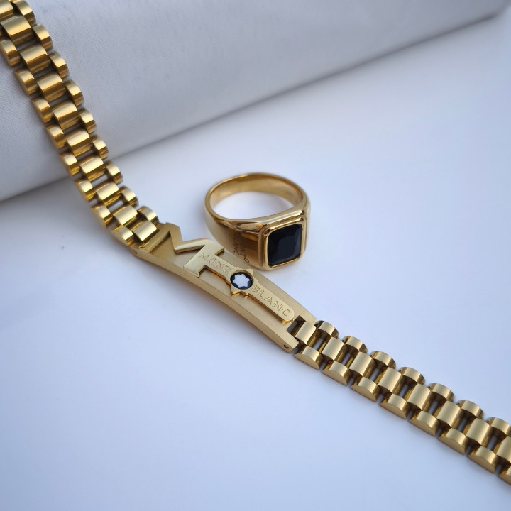 خرید ست انگشتر دستبند مونتبلانک طلایی رنگ ثابت شیک قیمت مناسب