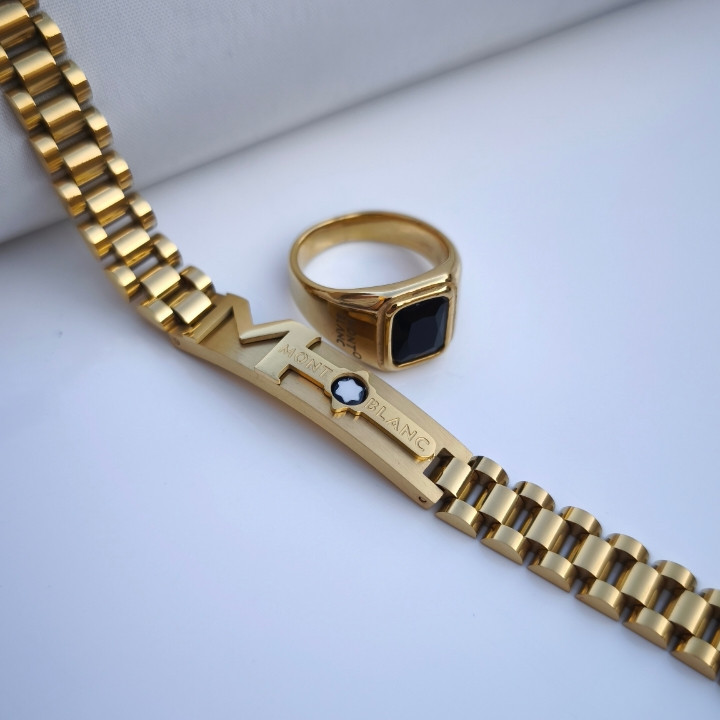 خرید ست دستبند انگشتر مردانه طلایی مونتبلانک استیل رنگ ثابت شیک ارزان مناسب کادو