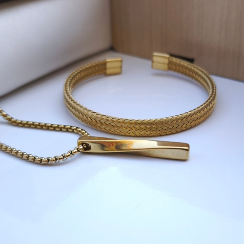 خرید ست بنگل گردنبند طلایی پسرانه استیل رنگ ثابت شیک ارزان مناسب کادو