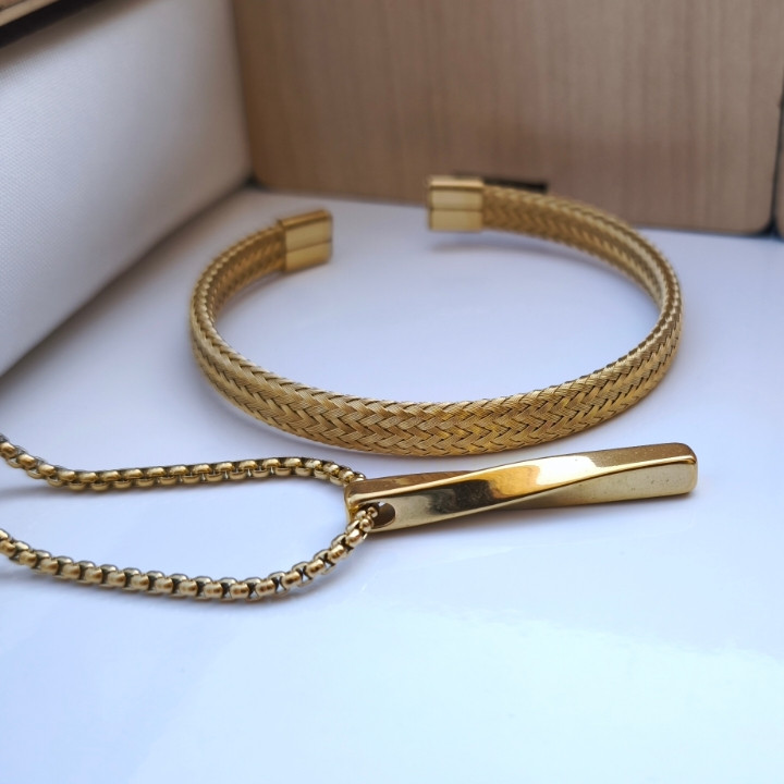 خرید ست گردنبند دستبند طلایی مردانه استیل رنگ ثابت شیک ارزان