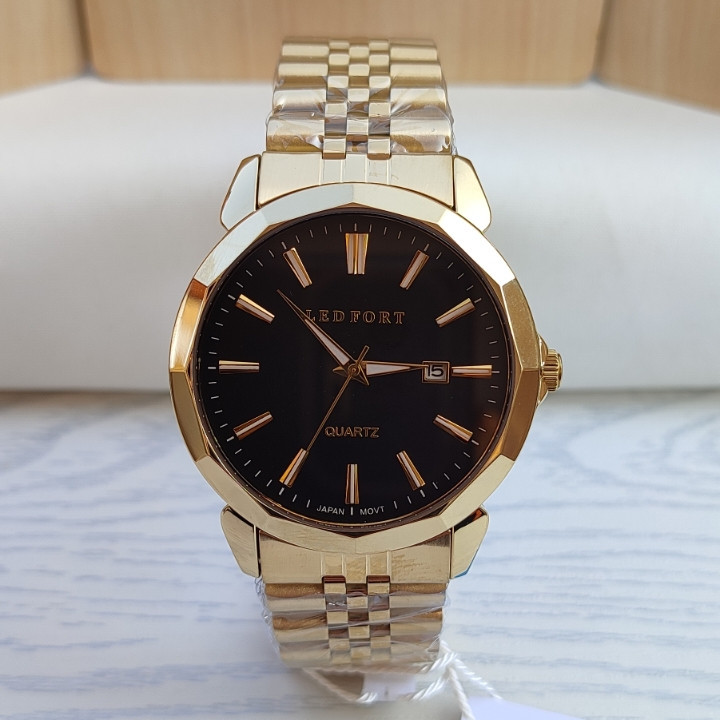ساعت مردانه استیل طلایی برند لدفورت با جعبه و کارت گارانتی