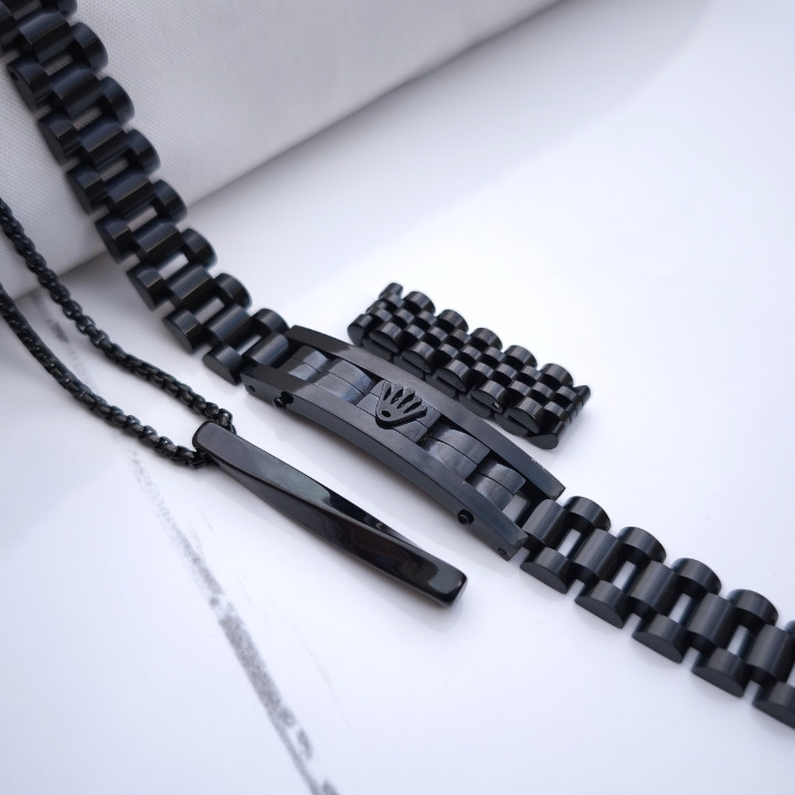 خرید ست دستبند گردنبند انگشتر مشکی مردانه رولکس استیل رنگ ثابت شیک ارزان