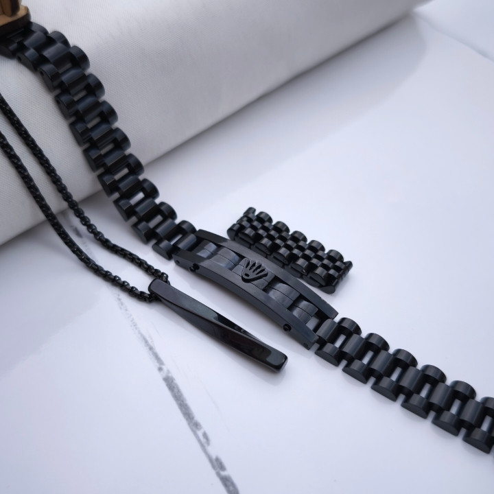 خرید ست انگشتر دستبند گردنبند مشکی رولکس مردانه استیل رنگ ثابت مناسب کادو