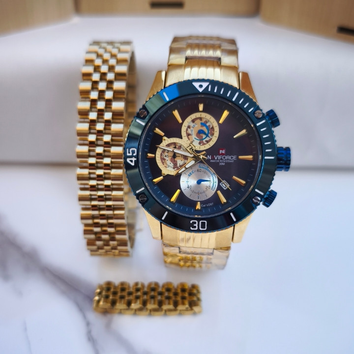 ست ساعت دستبند انگشتر مردانه طلایی سه موتور استیل رنگ ثابت شیک ارزان