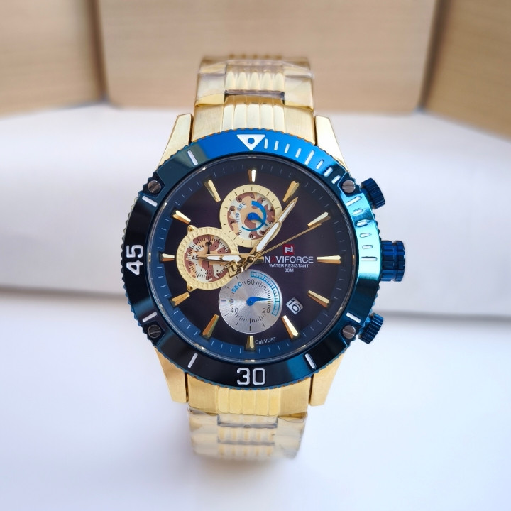 خرید ساعت مردانه ناوی فورس سه موتور طلایی شیک ارزان