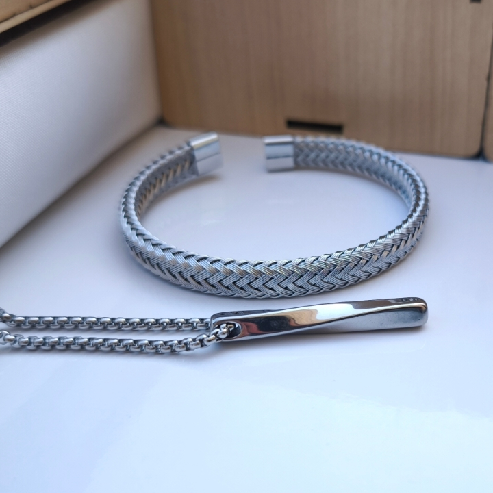 خرید ست گردنبند دستبند مردانه بافت استیل ثابت شیک قیمت مناسب