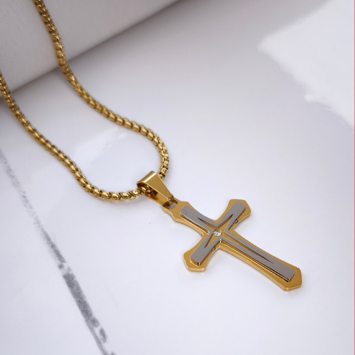 خرید گردنبند صلیب مردانه طلایی استیل رنگ ثابت شیک ارزان مناسب هدیه