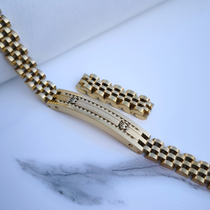 خرید ست دستبند انگشتر مردانه طلایی رنگ ثابت رولکس استیل شیک ارزان مناسب کادو تولد